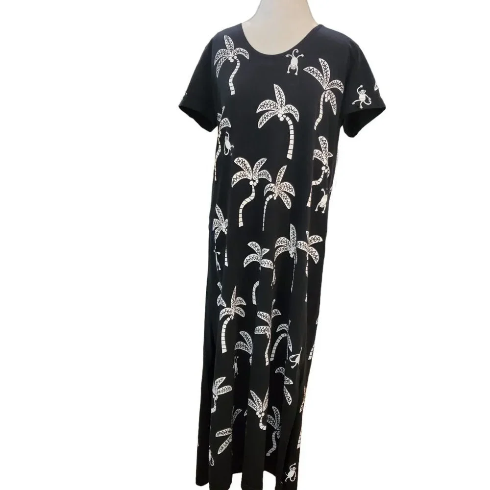 Vintage‎ 90s Black Monkey Coconut Tree Maxi Dress Large Novelty Print Tropical